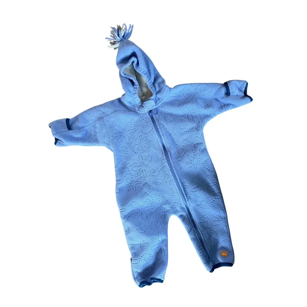 REI baby blue floral baby fleece bunting snow suit Winter hooded outdoor‎